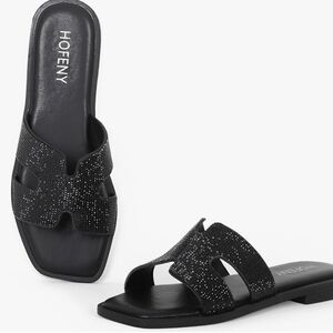 Women's Slip On Flat Sandals Soft Leather Open Toe Slide Summer - Black Sparkles